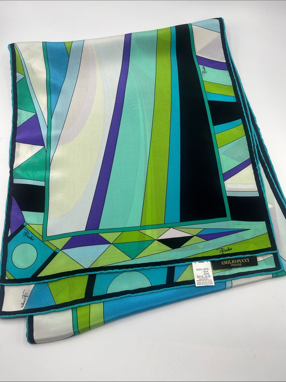 Emilio Pucci Teal, Aqua & Lime Geometric Silk Scarf